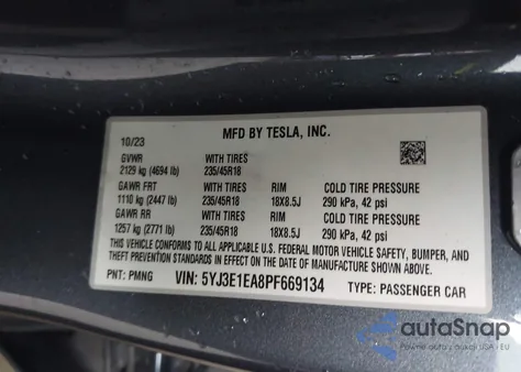 2023 Tesla Model 3 Rear-Wheel Drive из США, поврежденный, VIN 5YJ3E1EA8PF669134